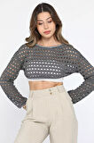 Bisiklet Yaka Ajurlu Uzun Kol Crop Top Triko Bluz