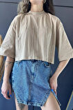 Bisiklet Yaka Taş İşlemeli Oversize Crop Top Bluz