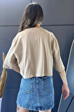 Bisiklet Yaka Taş İşlemeli Oversize Crop Top Bluz