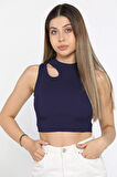 Ön Pencereli Bisiklet Yaka Kadın Kaşkorse Crop Top Bluz