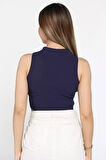 Ön Pencereli Bisiklet Yaka Kadın Kaşkorse Crop Top Bluz