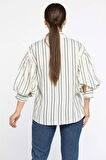 Balon Kol Çizgi Desenli Kadın Salaş Keten Gömlek