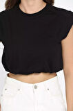 Bisiklet Yaka Bel Lastikli Kadın Basic Crop Top Tişört