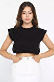 Bisiklet Yaka Bel Lastikli Kadın Basic Crop Top Tişört