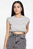 Bisiklet Yaka Bel Lastikli Kadın Basic Crop Top Tişört