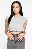 Bisiklet Yaka Bel Lastikli Kadın Basic Crop Top Tişört