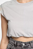 Bisiklet Yaka Bel Lastikli Kadın Basic Crop Top Tişört
