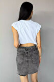 Bisiklet Yaka Bel Lastikli Kadın Basic Crop Top Tişört