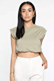 Bisiklet Yaka Bel Lastikli Kadın Basic Crop Top Tişört