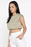 Bisiklet Yaka Bel Lastikli Kadın Basic Crop Top Tişört