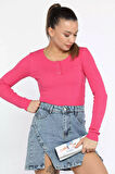 Kaşkorse Likralı Ön Çıtçıtlı Crop Top Bluz