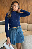 Yarım Balıkçı Yaka Taşlı Crop Top Bluz (s-m Beden Uyumludur)