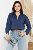 Oysho Kumaş Fermuar Detaylı Kadın Crop Top Sweatshirt