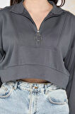 Oysho Kumaş Fermuar Detaylı Kadın Crop Top Sweatshirt