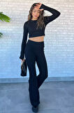İspanyol Paça Pantolon Crop Top Bluz Yün Kaşkorse İkili Takım