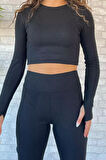 İspanyol Paça Pantolon Crop Top Bluz Yün Kaşkorse İkili Takım