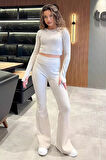 İspanyol Paça Pantolon Crop Top Bluz Yün Kaşkorse İkili Takım