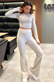 İspanyol Paça Pantolon Crop Top Bluz Yün Kaşkorse İkili Takım