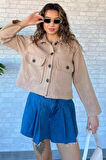 Çift Cepli Crop Top Kaşe Mont