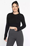 Kadın Bisiklet Yaka Kolu Pencereli Kaşkorse Crop Top Bluz