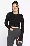 Kadın Bisiklet Yaka Kolu Pencereli Kaşkorse Crop Top Bluz