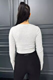 Kadın Bisiklet Yaka Kolu Pencereli Kaşkorse Crop Top Bluz