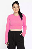 Kadın Bisiklet Yaka Kolu Pencereli Kaşkorse Crop Top Bluz