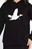 Kadın Kuş Nakışlı Kapüşonlu Şardonlu Sweatshirt