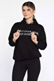 Kapüşonlu Üç İplik Şardonlu Yazı Baskılı Kadın Sweatshirt