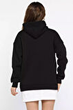 Kapüşonlu Şardonlu Yazı Baskılı Kadın Sweatshirt