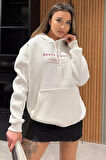 Kapüşonlu Şardonlu Yazı Baskılı Kadın Sweatshirt