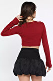 Kadın Bisiklet Yaka Kolu Pencereli Kaşkorse Crop Top Bluz