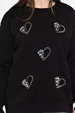 Kadın Bisiklet Yaka Üç İplik Şardonlu Taş İşlemeli Sweatshirt
