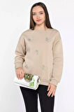 Kadın Bisiklet Yaka Üç İplik Şardonlu Taş İşlemeli Sweatshirt