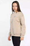 Kadın Bisiklet Yaka Üç İplik Şardonlu Taş İşlemeli Sweatshirt