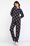 Kadın Bisiklet Yaka Geyik Desenli Polar Pijama Takımı