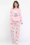 Kadın Bisiklet Yaka Desenli Polar Pijama Takımı