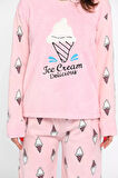 Kadın Bisiklet Yaka Desenli Polar Pijama Takımı