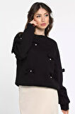Kadın Kurdele İnci Detaylı Bisiklet Yaka Şardonlu Sweatshirt