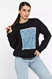 Kadın Bisiklet Yaka Kot Garnili Zincir Detaylı Şardonlu Sweatshirt