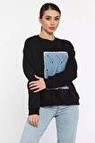 Kadın Bisiklet Yaka Kot Garnili Zincir Detaylı Şardonlu Sweatshirt