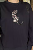 Kadın Leopar Nakışlı Üç İplik Şardonlu Sweatshirt