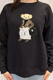 Kadın Bisiklet Yaka Aplikeli Sweatshirt (aplike Ayılar Farklı Gelebilir)