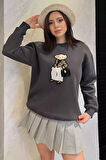 Kadın Bisiklet Yaka Aplikeli Sweatshirt (aplike Ayılar Farklı Gelebilir)