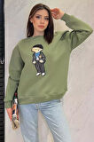 Kadın Bisiklet Yaka Aplikeli Sweatshirt (aplike Ayılar Farklı Gelebilir)