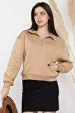 Dik Yaka Yarım Fermuarlı Şardonlu Kadın Sweatshirt