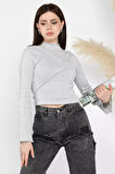 Dik Yaka Fitilli Kadın Crop Top Bluz