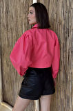 Kadın Çift Cepli Çıtçıtlı Crop Top Suni Deri Ceket