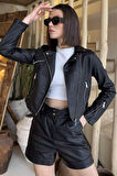 Kadın Fermuarlı Crop Top Suni Deri Ceket