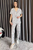 Kadın Ön Düğmeli Hayvan Figürlü Kısa Kol Pijama Takımı